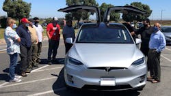 Employees at the Naval Weapons Station Seal Beach get their first look at a Tesla X. Employees at the Naval Weapons Station Seal Beach get their first look at a Tesla X.