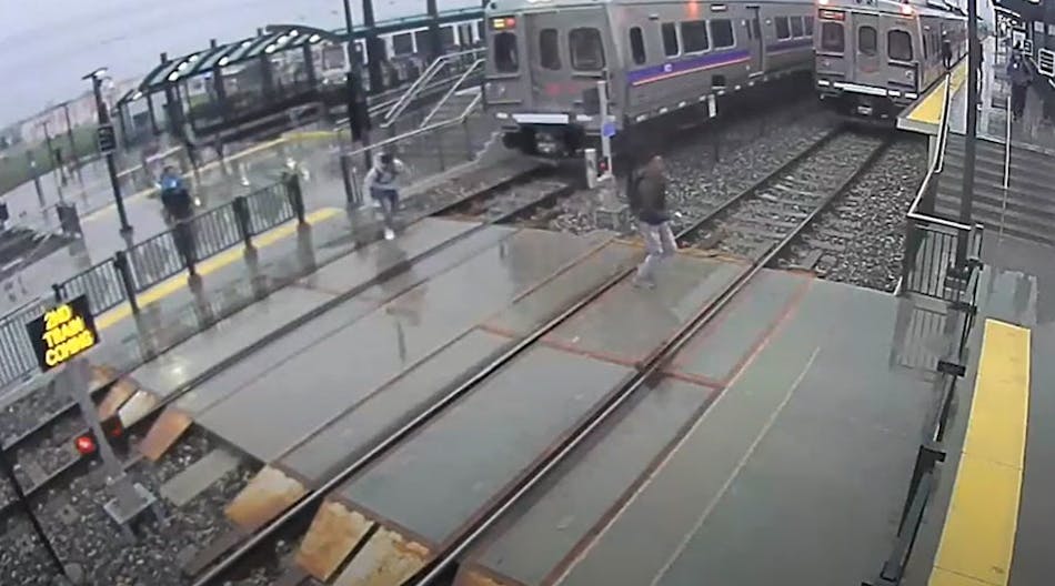 A screenshot of a near miss video compilation from the Regional Transportation District of Denver.