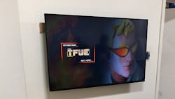 A wall-mounted flat screen television discovered in an unsanctioned break room under a Grand Central Terminal platform. A wall-mounted flat screen television discovered in an unsanctioned break room under a Grand Central Terminal platform.