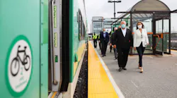 Ontario Premier Doug Ford with Ontario Minister of Transportation Caroline Mulroney at an event highlighting the measures taken by the province's transit operators to ensure passenger and employee safety as the province plans to progress reopening plans during the COVID-19 pandemic.