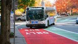 Last fall, Portland joined a handful of U.S. cities to take part in a pilot project that uses red paint to draw attention to transit priority lanes. Last fall, Portland joined a handful of U.S. cities to take part in a pilot project that uses red paint to draw attention to transit priority lanes.