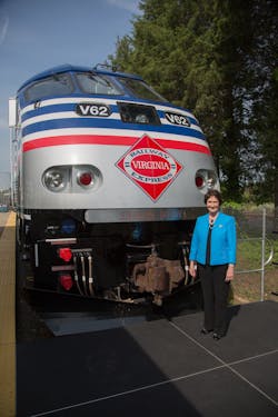 Sharon Bulova at a 2015 ceremony when locomotive V62 was named after her.