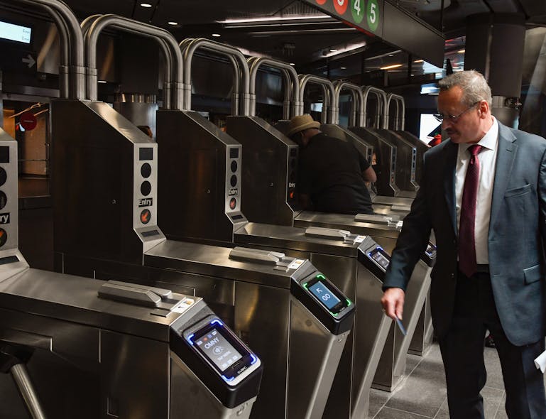 MTA Executive Director of New Fare Payment Program Al Putre gives a progress update on the continuing systemwide rollout of OMNY at Fulton Center.