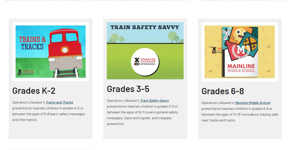 A screen shot from OLI's website showing a selection of resources available to help educate children about rail safety.
