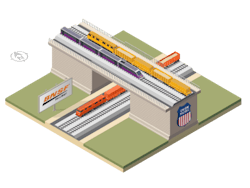 One design option to separate Union Pacific's line from BNSF's rail line. The corridor is also used by Amtrak and ACE trains. One design option to separate Union Pacific's line from BNSF's rail line. The corridor is also used by Amtrak and ACE trains.