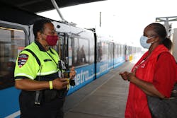 St. Louis Metro security officers are able to maintain social distancing thanks to the visual-verification of mobile fares. St. Louis Metro security officers are able to maintain social distancing thanks to the visual-verification of mobile fares.