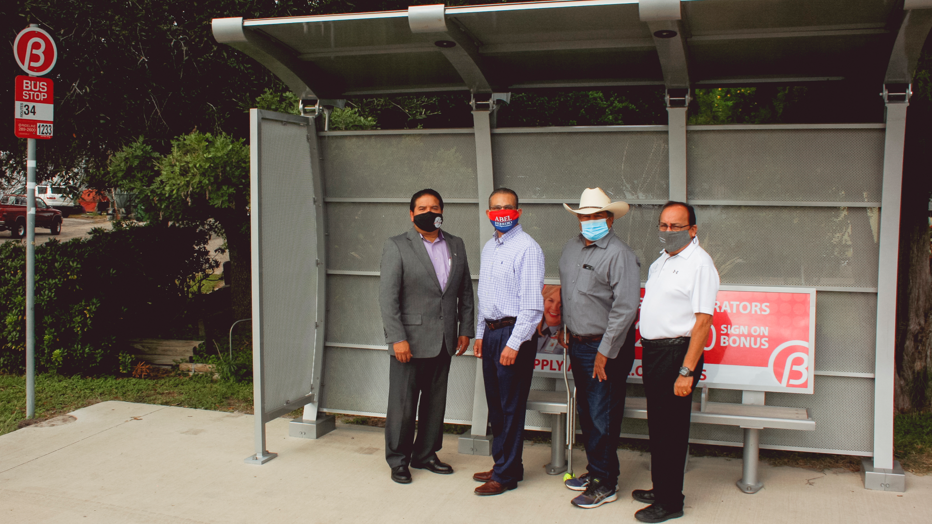 City of Robstown Mayor Gilbert Gomez, District 34 State Representative Abel Herrero, Justice of the Peace 5-1, Robert 'Bobby' Gonzalez and CCRTA CEO Jorge G. Cruz-Aedo pose in front of the new shelter.