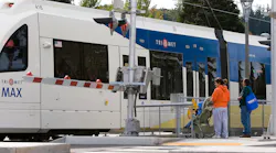 A file photo showing a rail crossing on TriMet's MAX light-rail network.TriMet will use its federal grant to design a risk ranking evaluation tool for rail crossing safety improvements.
