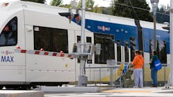 A file photo showing a rail crossing on TriMet's MAX light-rail network.TriMet will use its federal grant to design a risk ranking evaluation tool for rail crossing safety improvements. A file photo showing a rail crossing on TriMet's MAX light-rail network.TriMet will use its federal grant to design a risk ranking evaluation tool for rail crossing safety improvements.