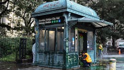 New York City Transit workers clean station entrances and an elevator at the Brooklyn Bridge-City Hall station in July 2020 - hours after the Occupy City Hall encampment was dispersed. New York City Transit workers clean station entrances and an elevator at the Brooklyn Bridge-City Hall station in July 2020 - hours after the Occupy City Hall encampment was dispersed.
