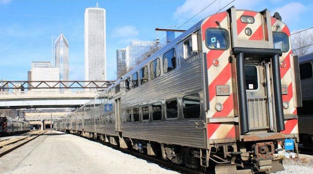 A Metra Electric train near downtown Chicago. Cook County is working with Metra and Pace to improve access to transit to south side residents of the city and suburban Cook County.