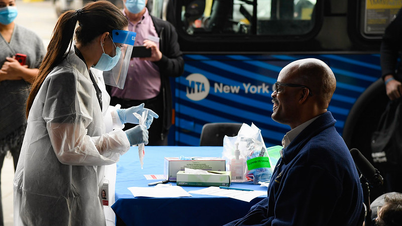 TWU Local 100 Secretary-Treasurer Earl Phillips gets tested for COVID-19 at the Grand Avenue Depot on Tue., October 27, 2020, as part of the launch of voluntary COVID-19 screening program for MTA employees at field locations.