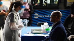 TWU Local 100 Secretary-Treasurer Earl Phillips gets tested for COVID-19 at the Grand Avenue Depot on Tue., October 27, 2020, as part of the launch of voluntary COVID-19 screening program for MTA employees at field locations. TWU Local 100 Secretary-Treasurer Earl Phillips gets tested for COVID-19 at the Grand Avenue Depot on Tue., October 27, 2020, as part of the launch of voluntary COVID-19 screening program for MTA employees at field locations.