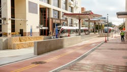 The station also features parasol structures mounted on columns, offering a striking visual welcome to downtown and overhead protection for customers as they wait for, enter or exit the train cars. The station also features parasol structures mounted on columns, offering a striking visual welcome to downtown and overhead protection for customers as they wait for, enter or exit the train cars.