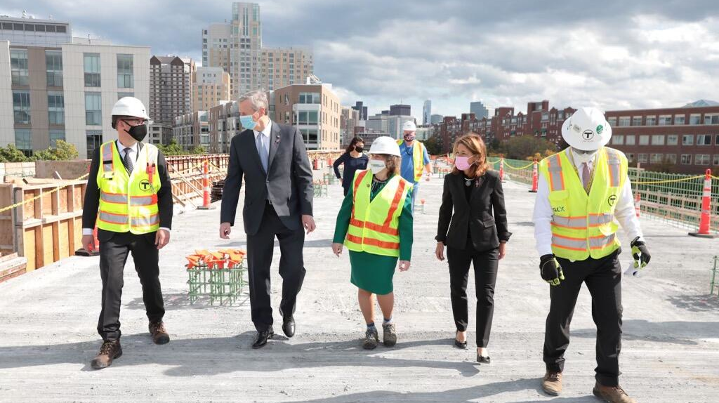 MBTA General Manager Steve Poftak, Governor Charlie Baker, Transportation Secretary and CEO Stephanie Pollack, Lt. Governor Karyn Polito, GLX Project Manager John Dalton and others tour GLX construction.