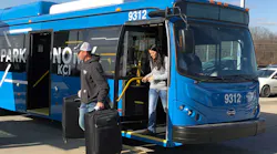 Four BYD K7Ms, like the one shown here in operation at the Kansas City International Airport, were delivered to Go COMO, the transit agency of Columbia, Mo.