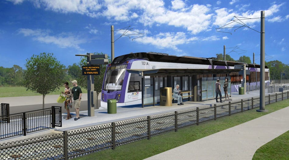 A rendering of a surface-level Purple Line station.