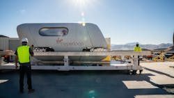 The custom built XP-2 pod, a two-person vehicle, was used for the passenger occupied tests of the hyperloop technology on Nov. 8, 2020. The custom built XP-2 pod, a two-person vehicle, was used for the passenger occupied tests of the hyperloop technology on Nov. 8, 2020.