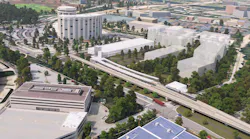 The First and Moore/Valley Forge Station rendering on the King of Prussia Rail's western terminal. The transparent white buildings to the right of the parking garage highlight an opportunity for transit-oriented development near the station.