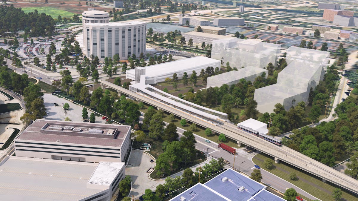 The First and Moore/Valley Forge Station rendering on the King of Prussia Rail&apos;s western terminal. The transparent white buildings to the right of the parking garage highlight an opportunity for transit-oriented development near the station.