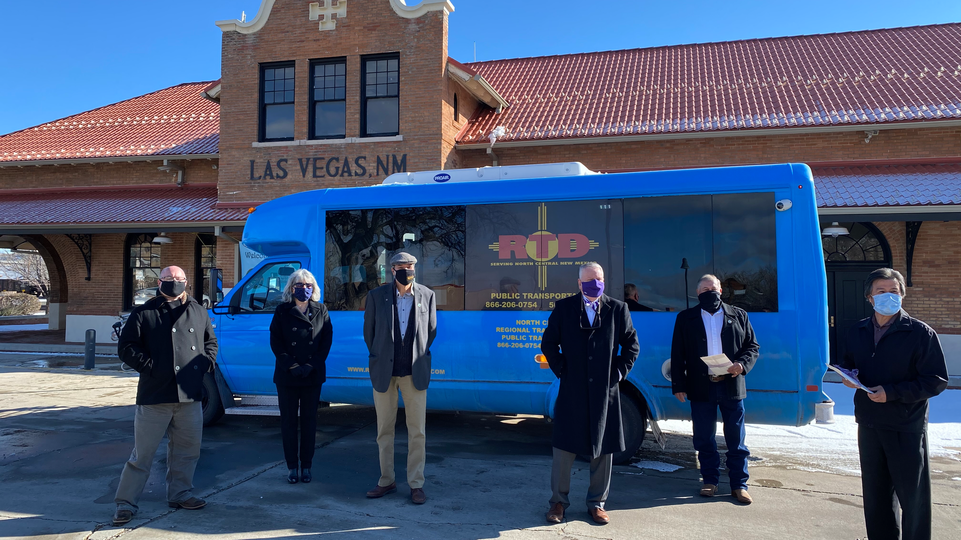 Pictured at the RTD Blue Bus stop in front of the Amtrak station in Las Vegas, N.M., are (left to right) Luna Community College Interim President Dr. Kenneth Patterson, Mora County Commissioner Veronica Serna, Las Vegas City Manager William Taylor, New Mexico Highlands University President Sam Minner, &shy;&shy;&shy;&shy;&shy;&shy;&shy;&shy;&shy;&shy;&shy;&shy;&shy;&shy;&shy;&shy;&shy;&shy;&shy;&shy;&shy;&shy;&shy;&shy;&shy;&shy;&shy;&shy;&shy;&shy;&shy;&shy;&shy;&shy;&shy;&shy;&shy;&shy;&shy;&shy;&shy;&shy;&shy;&shy;Las Vegas City Councilman Michael Montoya and NM Senator Pete Campos, 8th District.
