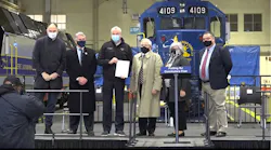 Left to right, Amtrak President Stephen Gardner, NJ Transit President and CEO Kevin Corbett, New Jersey Gov. Phil Murphy, FRA Administrator Ronald Batory, New Jersey Department of Transportation Commissioner and NJ Transit Chair Diane Gutierrez-Scaccetti and Parsons Principal Project Manager Terry Fetters, at a ceremony Dec. 18 to mark the certification of NJ Transit's PTC system.