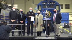 Left to right, Amtrak President Stephen Gardner, NJ Transit President and CEO Kevin Corbett, New Jersey Gov. Phil Murphy, FRA Administrator Ronald Batory, New Jersey Department of Transportation Commissioner and NJ Transit Chair Diane Gutierrez-Scaccetti and Parsons Principal Project Manager Terry Fetters, at a ceremony Dec. 18 to mark the certification of NJ Transit&apos;s PTC system.