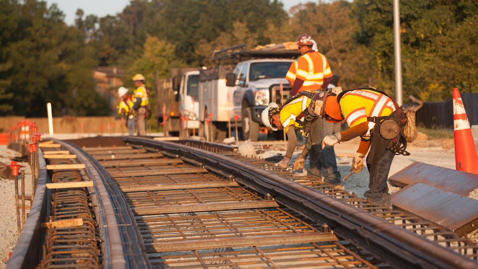 The first rail is installed at Ellin Road for future Purple Line service in this September 2019 image.