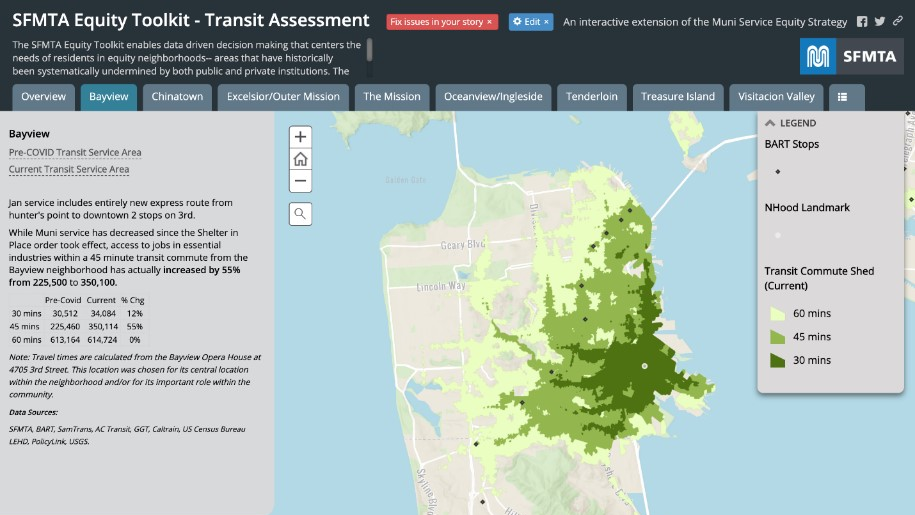 Image from SFMTA&rsquo;s Equity Toolkit showing information for the Bayview neighborhood post-Shelter-in-Place.