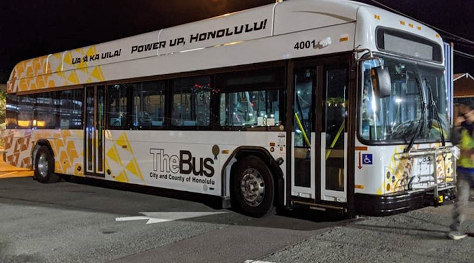 A new EV TheBus as seen on the dock of Honolulu; the vehicle is one of three that will soon enter service.