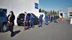 Santa Clara VTA employees line up at the Guadalupe Light Rail Division, in San Jose, Calif., for COVID-19 testing. Santa Clara VTA employees line up at the Guadalupe Light Rail Division, in San Jose, Calif., for COVID-19 testing.
