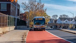 Route 104 bus using the new Florence Street bus lane approaching Malden Center Station. Route 104 bus using the new Florence Street bus lane approaching Malden Center Station.