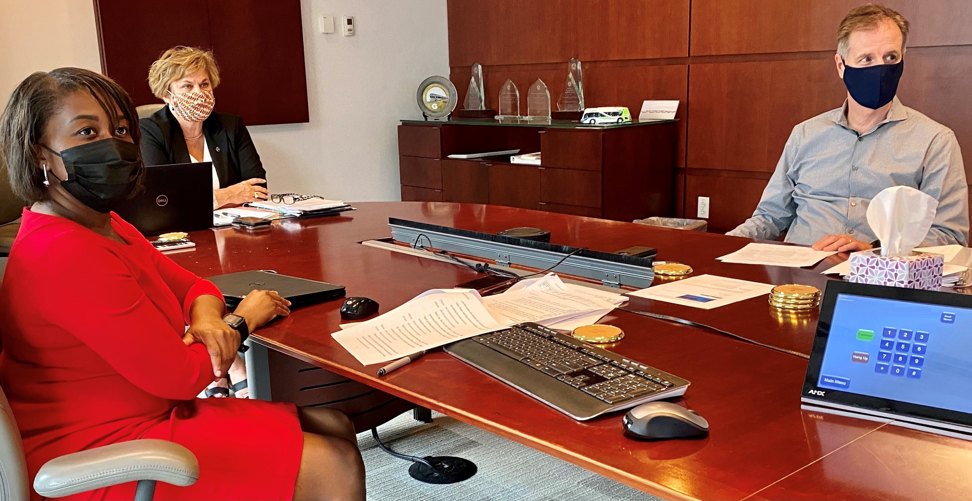 FTA Deputy Administrator K. Jane Williams (center), Executive Director Matt Welbes and Chief Safety Officer Henrika Buchanan host the first FTA COVID-19 Recovery Listening Session with transit stakeholders in April of 2020.