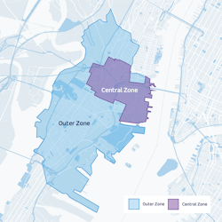 A map of the zones for Via Jersey City.