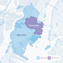 A map of the zones for Via Jersey City. A map of the zones for Via Jersey City.