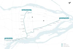 A map of the proposed light-rail project, which would consist of 32-km of rail in two branches. A map of the proposed light-rail project, which would consist of 32-km of rail in two branches.