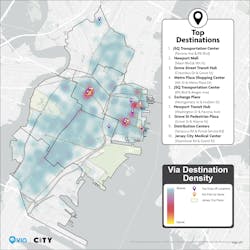 This map shows the top destinations and pick up locations of the Via Jersey City service.