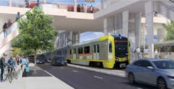 A rendering of the new light rail line’s transfer point to the G (Orange) Line in Van Nuys. A rendering of the new light rail line’s transfer point to the G (Orange) Line in Van Nuys.