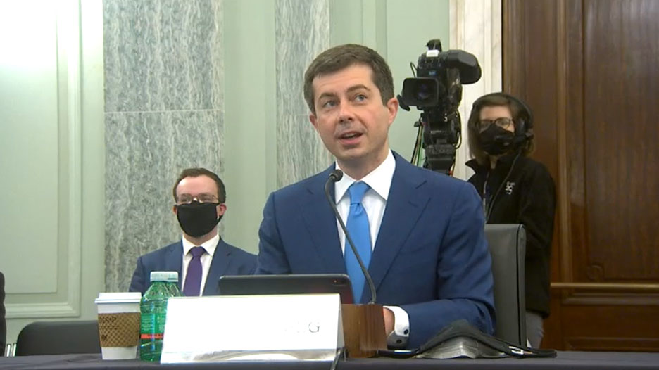 USDOT Secretary-designate Pete Buttigieg during his Senate confirmation hearing, Jan. 21.