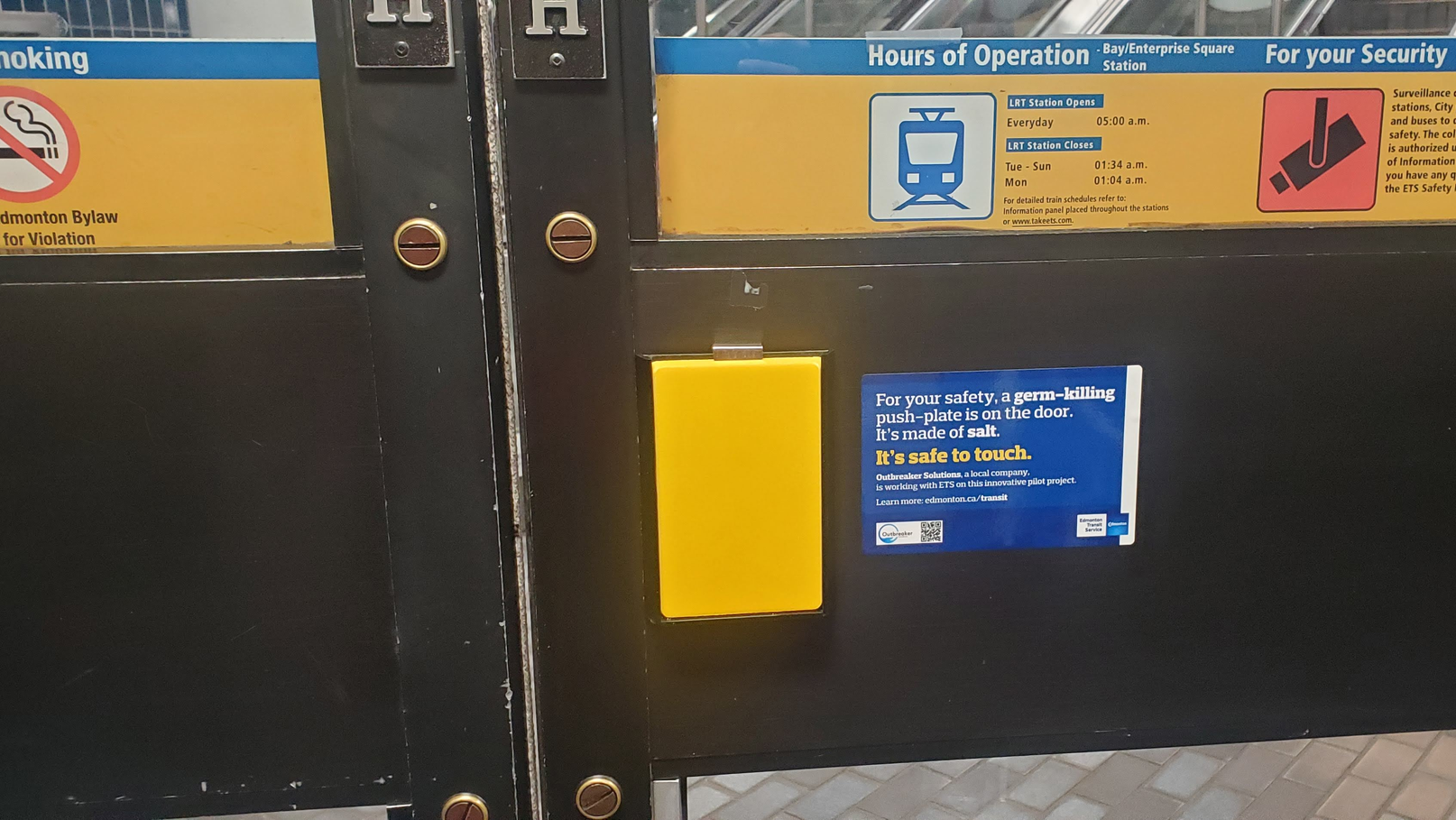 Please touch: ETS began installation of new push-plates made from compressed salt that have the look and feel of tile, but come with added germ fighting capabilities.