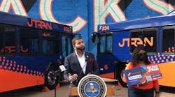 Jackson Mayor Chokwe Antar Lumumba, left, and Deputy Director, Office of Transportation Christine Welch at a Jan. 4 event introducing the hybrid-electric buses and kicking off the transit study.