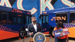 Jackson Mayor Chokwe Antar Lumumba, left, and Deputy Director, Office of Transportation Christine Welch at a Jan. 4 event introducing the hybrid-electric buses and kicking off the transit study.
