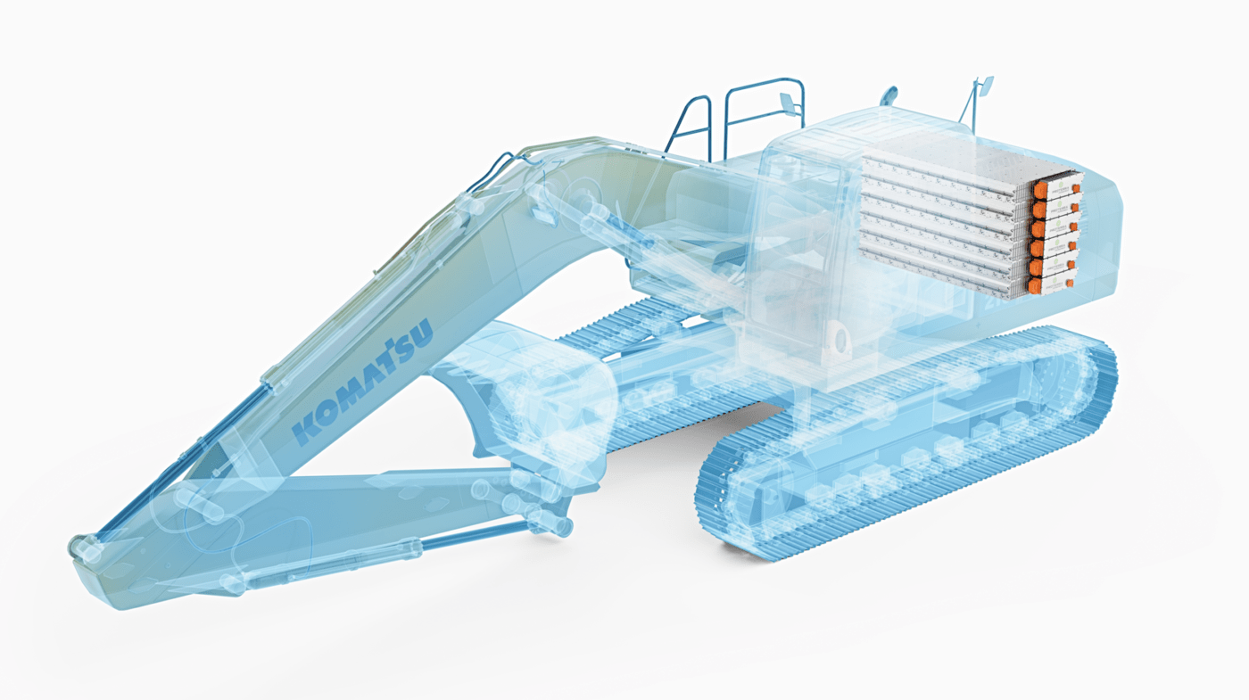A rendering of a Komatsu excavator with Proterra batteries.