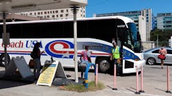 A Megabus coach at the carrier’s San Jacinto Boulevard stop at the Austin, TX prepares for its afternoon run to Houston in September 2020. A Megabus coach at the carrier’s San Jacinto Boulevard stop at the Austin, TX prepares for its afternoon run to Houston in September 2020.