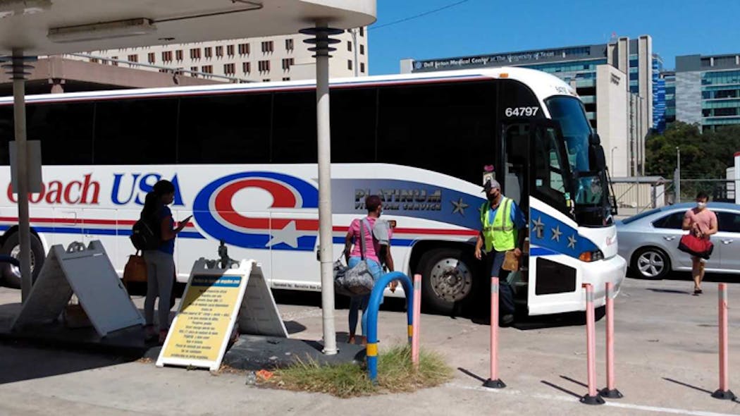 A Megabus coach at the carrier&rsquo;s San Jacinto Boulevard stop at the Austin, TX prepares for its afternoon run to Houston in September 2020.