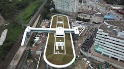 Aerial view of the Kipling Transit Hub footprint with green roof installed on the bus terminal and pedestrian bridge crossing over the tracks to the GO train platform.