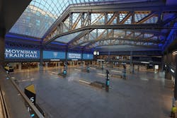 The Moynihan Train Hall&rsquo;s skylight includes an acre of glass. The hall also features a signature clock designed to evoke the nostalgia of rail travel.