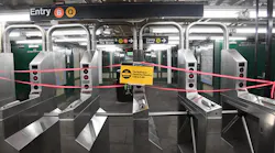 Closed signs on New York City subway turnstiles in May 2020. Those signs will spend two less hours on display starting Feb. 22 when MTA will partially reopen nightly subway service.