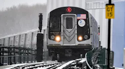 An N Train at Queensboro Plaza during the area's Feb. 18, 2021 snow storm.