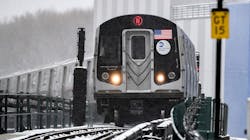 An N Train at Queensboro Plaza during the area&apos;s Feb. 18, 2021 snow storm.
